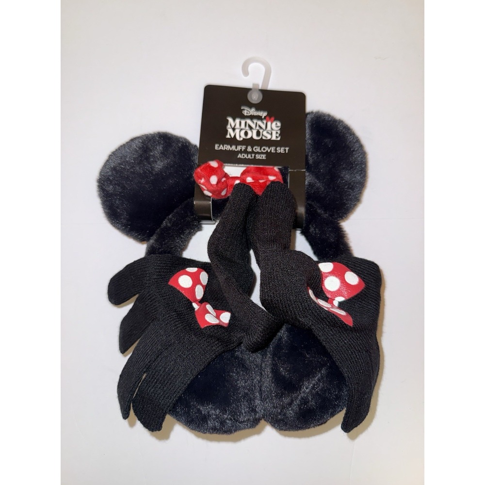 Disney Minnie Mouse Earmuffs & Gloves Set Adult Black Red Polka Dot Winter NWT
